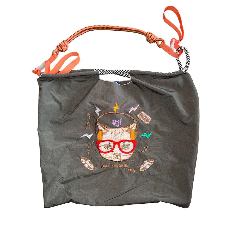 Ball and Chain DJ Cat Embroidered Nylon Tote Bag Grey Large